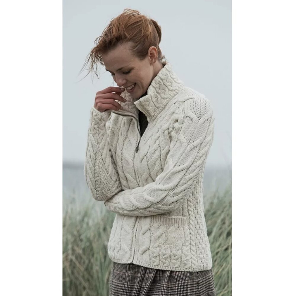 Aran Woollen Mills 100% Merino Wool Cable Knit Long Cardigan Sweater Jacket Coat - Picture 1 of 12